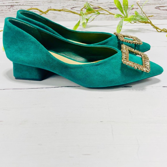NEW C Paravano Hunter Green Block Heel Pointed Toe Flats with Embellished Buckle - Picture 6 of 12